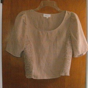 Bohme Tan & Cream Gingham Cotton Smocked Puff Sleeve Blouse Cropped Top size S